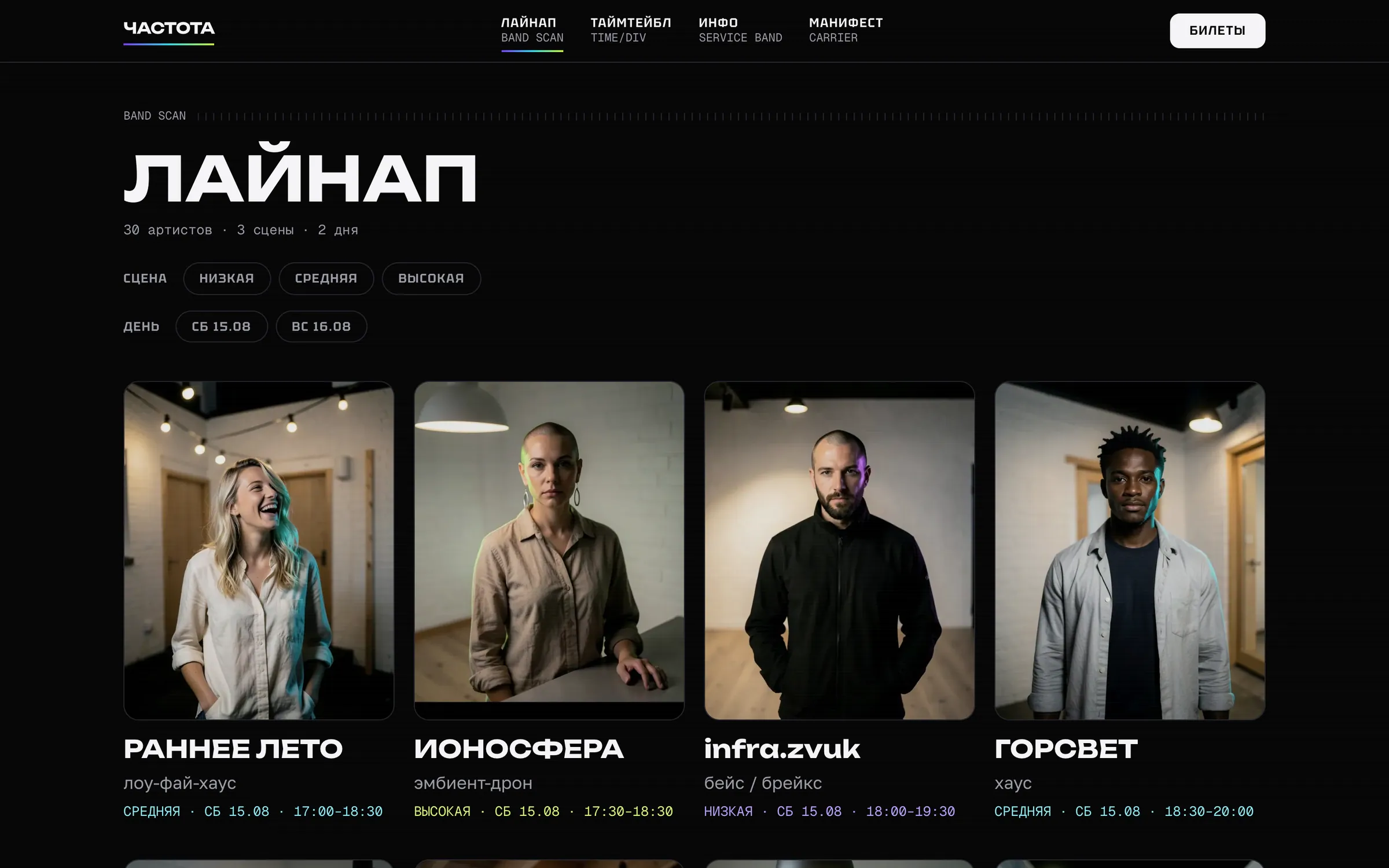 Программа «Частоты» на десктопе: постеры артистов с фильтрами по сцене и дню